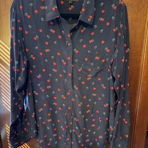 Rails Navy SILK Blouse with Red and White Heart Motif